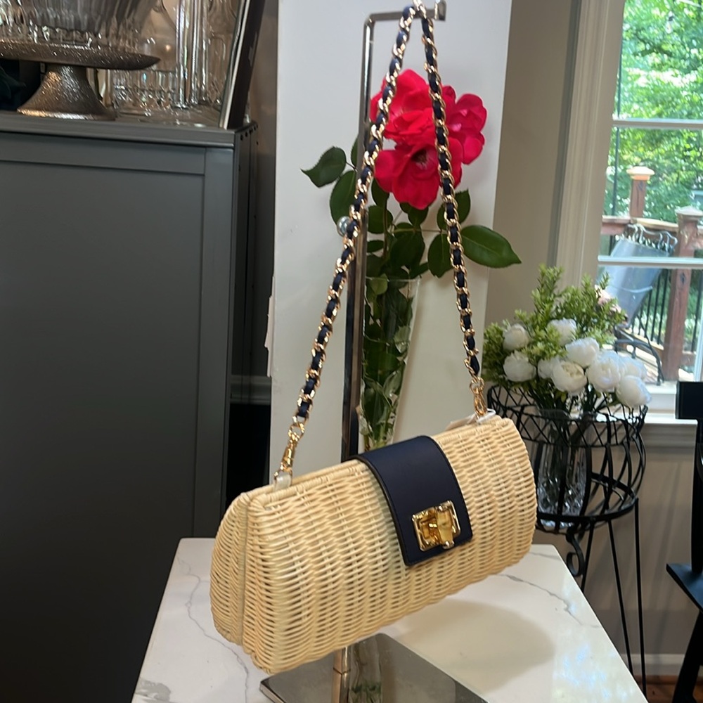 Tommy Bahama Woven Straw Shoulder Clutch Bag in Natural with Navy Trim - Picture 6 of 12